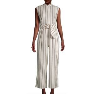 Calvin Klein White Beige Mock Neck Pinstripe Linen Blend Cropped Jumpsuit sz 12
